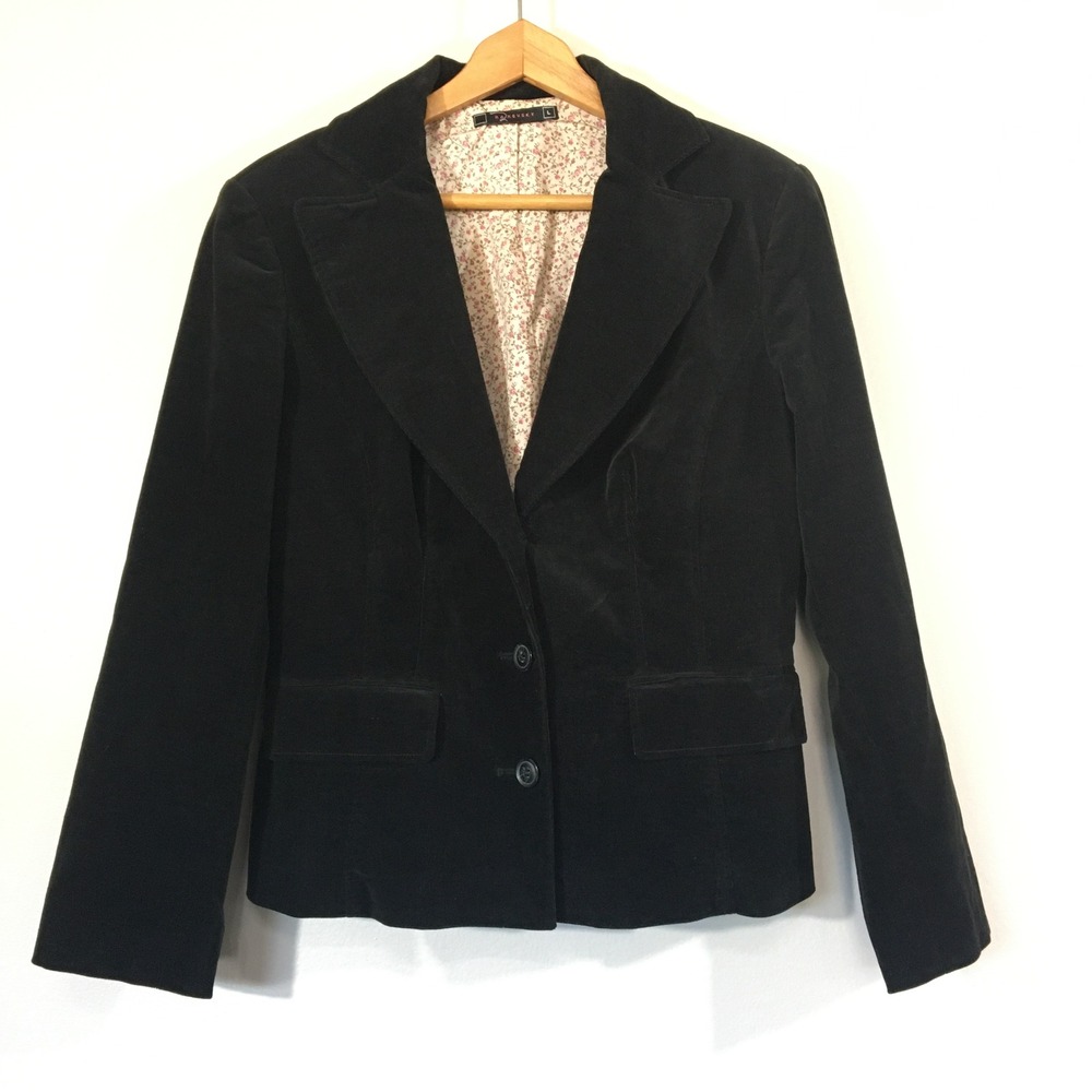 Black Corduroy Blazer Raxevsky Size L‎ Fitted Floral Lining Cotton Blend